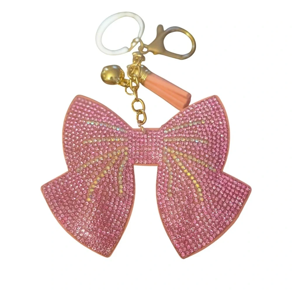Pink Rhinestone Bow Keychain Gold‎ Tone Tassel Bell Bag Charm Coquette Accessory